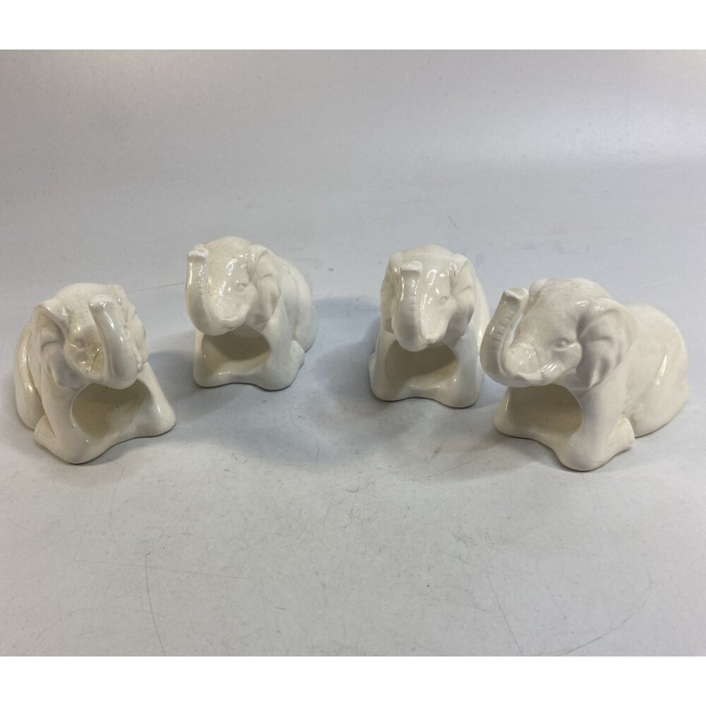 Elephant White Ceramic Glazed Napkin Rings Table Decor Vintage Set Of 4 Vana